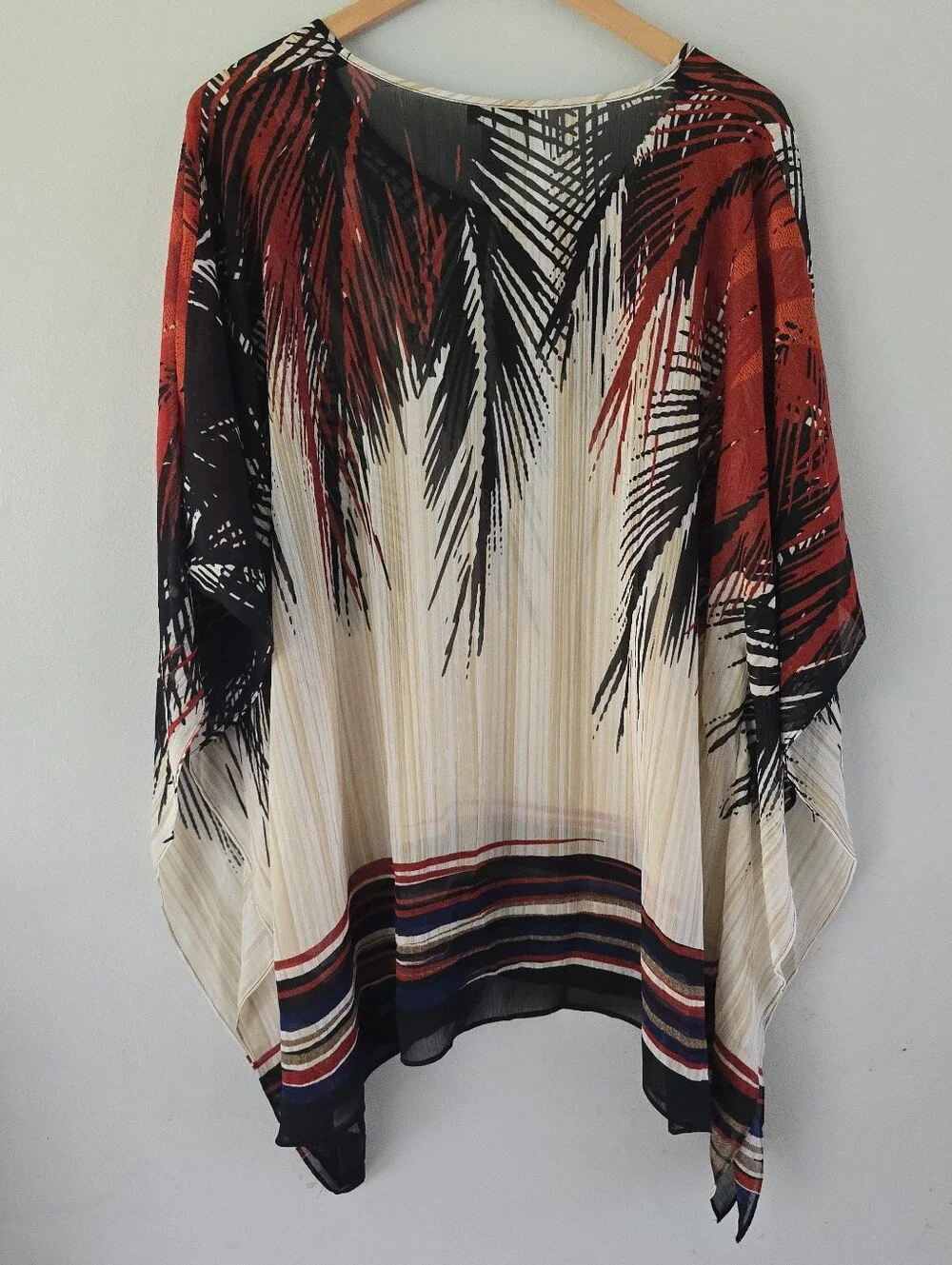 Catherines Cream Tunic with Black Palm-Print and Red Accents